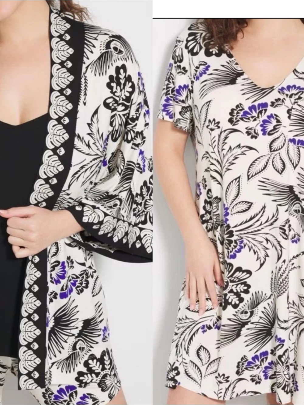 Soma cool nights set pajama open cardi and nightgown black floral jersey knit